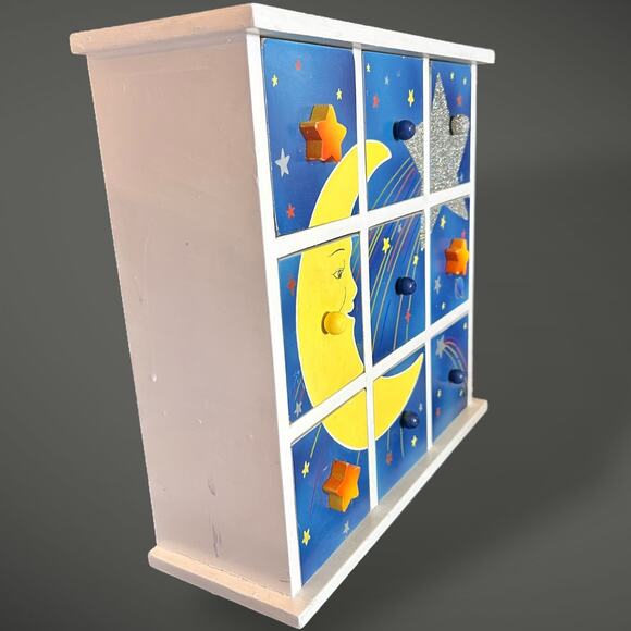 Vintage Wooden Moon and Stars Drawer Box Celestial Jewelry Organizer - Picture 6 of 8